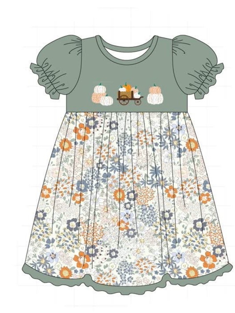 Girls Sage Green Floral Puff-Sleeve Dress with Pumpkin Cart